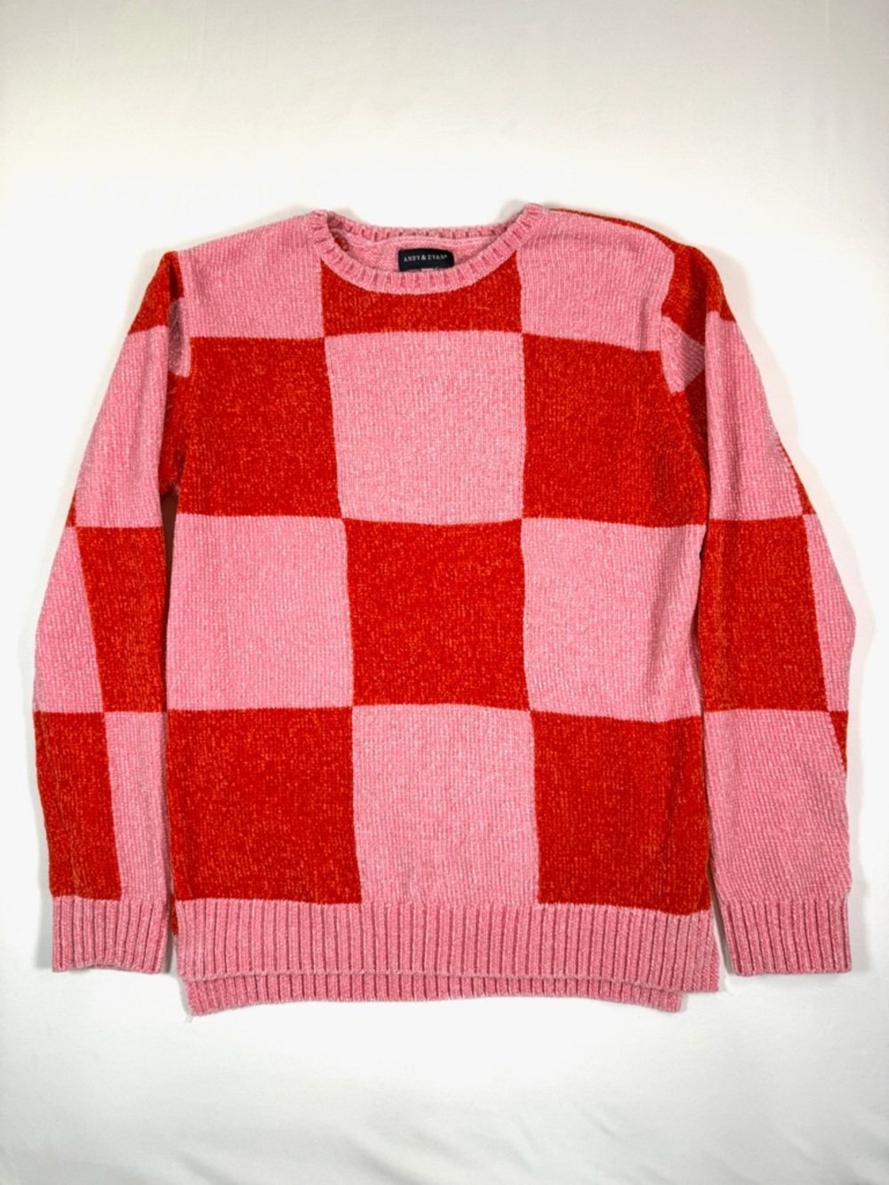 ANDY &‎ EVAN Pink Red Checkerboard Sweater 16 Girls Cozy Soft Preppy Trendy Knit